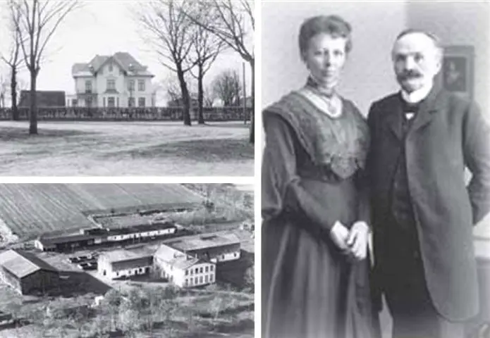 Die Schwarz-Weiß-Collage zeigt mehrere historische Fotografien aus der Geschichte von Hof Bimöhlen. Zu sehen sind ein Wohnhaus aus früheren Jahren, ein Ehepaar der Gründer- oder Betreiberfamilie sowie eine Luftaufnahme des landwirtschaftlichen Hofgeländes.